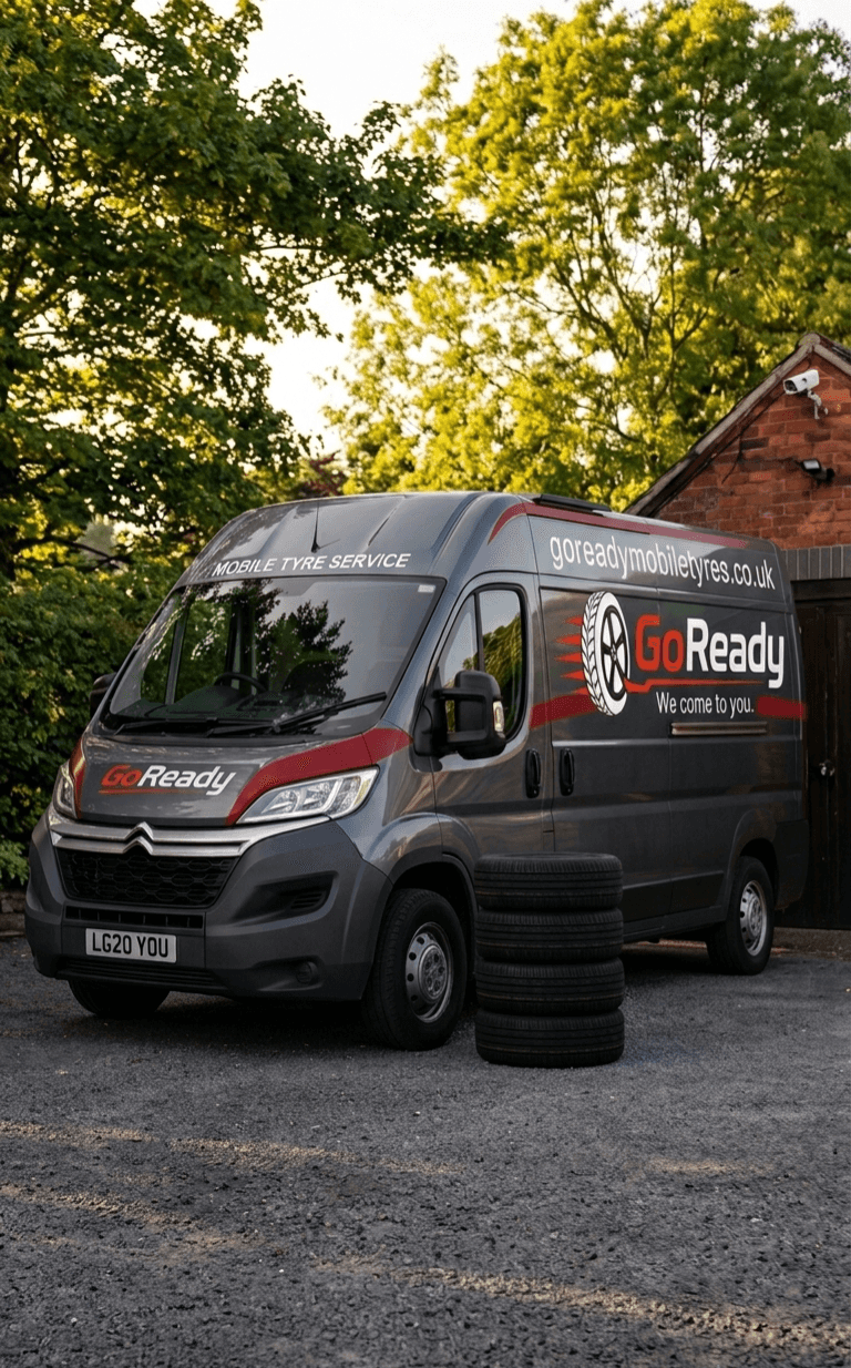 A branded GoReady van with a stack of tyres parked on a driveway at sunset