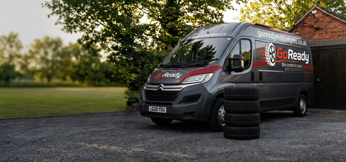 A branded GoReady van with a stack of tyres parked on a driveway at sunset